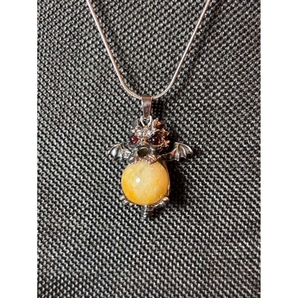 Stainless Steel Dragon Pendant Necklace Yellow Stone Orb Red Eyes